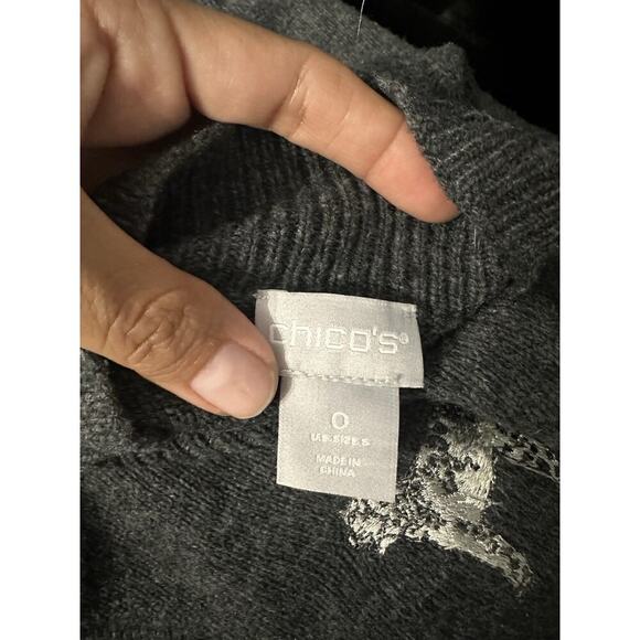 Chico’s Cashmere Blend Embroidered Cheetah Sweater Size 0 Small Gray Crew Neck - Picture 6 of 11